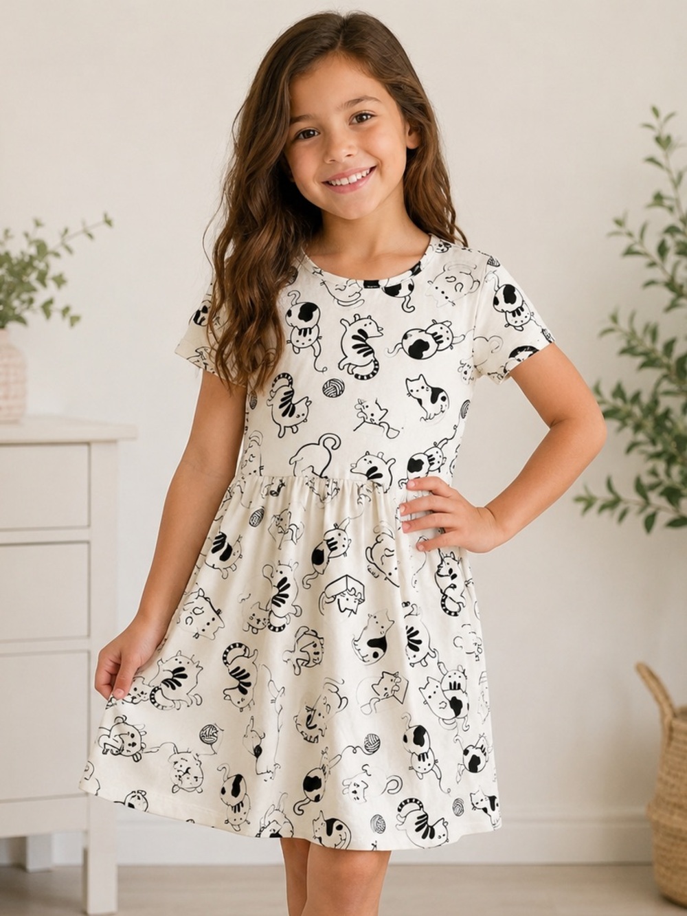 Emma & Elsa Girls Size 7 Cat Print Short Sleeve Dress